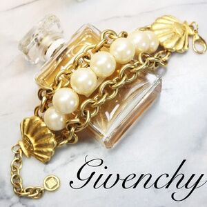 ⚜️ Rare Vintage Givenchy Bijoux Pearl & Gold Seashell Link Adjustable Bracelet ✨